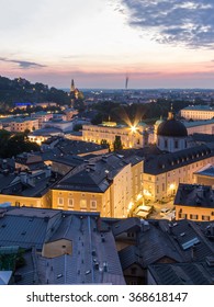 Salzburg City Skyline, Aerial View Of Mozart-Wohnhaus, Pfarre Mulln, Salzburger Landestheater, Dreifaltigkeitskirche, Mozarteum University Of Salzburg, Hotel Sacher Salzburg, Hotel Bristol, Austria