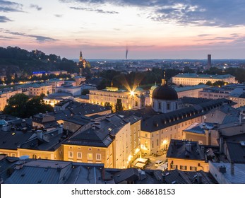 Salzburg City Skyline, Aerial View Of Mozart-Wohnhaus, Pfarre Mulln, Salzburger Landestheater, Dreifaltigkeitskirche, Mozarteum University Of Salzburg, Hotel Sacher Salzburg, Hotel Bristol, Austria