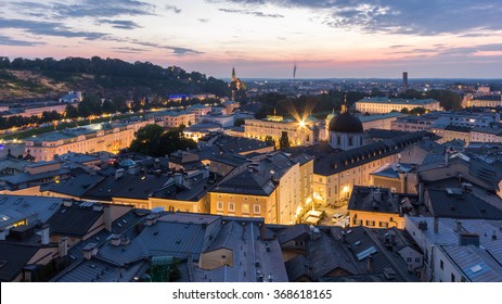 Salzburg City Skyline, Aerial View Of Mozart-Wohnhaus, Pfarre Mulln, Salzburger Landestheater, Dreifaltigkeitskirche, Mozarteum University Of Salzburg, Hotel Sacher Salzburg, Hotel Bristol, Austria