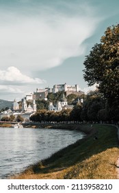 Salzburg Fortress In Spring, View From Salzach River