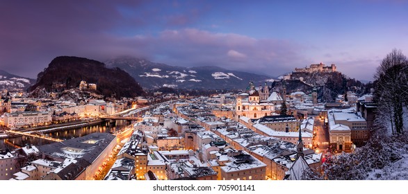 Salzburg Under The Snow In A Winter Sunset 