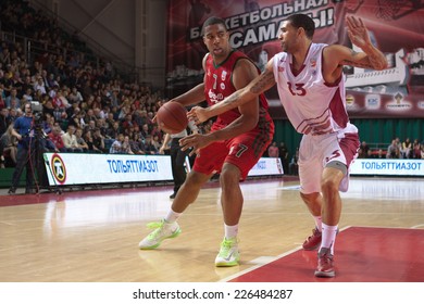 SAMARA, RUSSIA - APRIL 06: Richard Hendrix Of BC Lokomotiv-Kuban With Ball Tries To Go Past A BC Krasnye Krylia Player On April 06, 2013 In Samara, Russia.