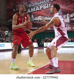 SAMARA, RUSSIA - APRIL 06: Richard Hendrix Of BC Lokomotiv-Kuban With Ball Tries To Go Past A BC Krasnye Krylia Player On April 06, 2013 In Samara, Russia.