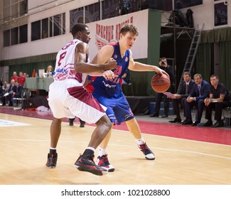 SAMARA, RUSSIA - DECEMBER 01: BC CSKA Forward Andrey Vorontsevich #20 With Ball Tries To Go Past A BC Krasnye Krylia Player On December 01, 2013 In Samara, Russia.
