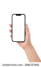Samara, Russia - December 6, 2021: Apple iPhone 13 mock up in a female hand isolated on a white background. Close-up of a new smartphone from Apple in a female hand.