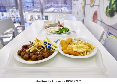 SAMARA, RUSSIA - JANUARY 11, 2022: Meatballs And French Fries At Ikea Restaurant