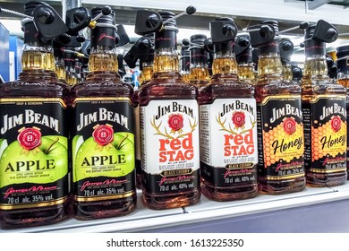 Samara, Russia - January 12, 2020: Jim Beam Whiskey ready for sale on the shelf in superstore
