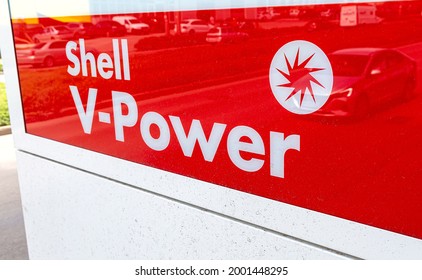 Samara, Russia - July 2, 2021: Shell V-power signboard at the Shell fuel station. Royal Dutch Shell is an Anglo-Dutch multinational oil and gas company