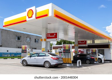 Samara, Russia - July 2, 2021: Shell gas station in sunny day. Shell V-power fuel station. Royal Dutch Shell is an Anglo-Dutch multinational oil and gas company