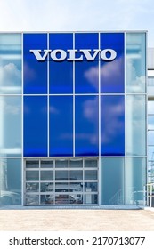 Samara, Russia - June 18, 2022: Volvo signboard on the office of official dealer. Volvo is a Swedish multinational automaker company