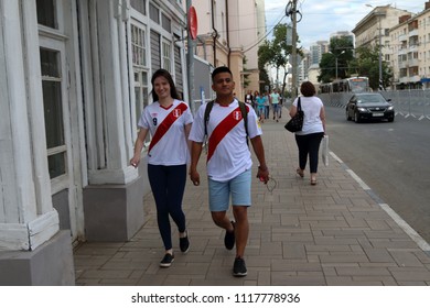 SAMARA, RUSSIA - JUNE 21, 2018: Danish Football Fans Walking On The Galaktionovskaya Street Near FIFA Fan Festival 2018 At Kuybyshev Square