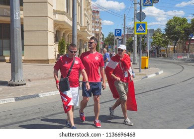 SAMARA, RUSSIA - JUNE 21, 2018: Danish Football Fans On The Streets Of Samara During The Football World Cup 2018