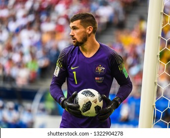 Samara, Russia - June 21, 2018. Brighton & Hove Albion And Australia National Team Goalkeeper Mathew Ryan During World Cup 2018 Match Denmark Vs Australia.  