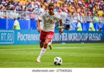 Samara, Russia – June 21, 2018. Denmark National Football Team Striker Yussuf Yurary Poulsen During FIFA World Cup 2018 Match Denmark Vs Australia. 