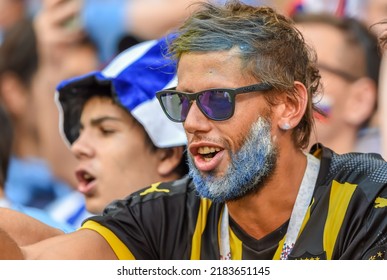 Samara, Russia – June 25, 2018. Bearded Fan From Uruguay Wearing Dark Glasses During FIFA World Cup 2018 Match Uruguay Vs Russia (3-0)