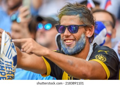 Samara, Russia – June 25, 2018. Bearded Fan From Uruguay Wearing Dark Glasses During FIFA World Cup 2018 Match Uruguay Vs Russia (3-0).