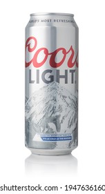 Samara, Russia - March 2021. Product Shot Of Coors Light Lager Beer Can Isolated On White