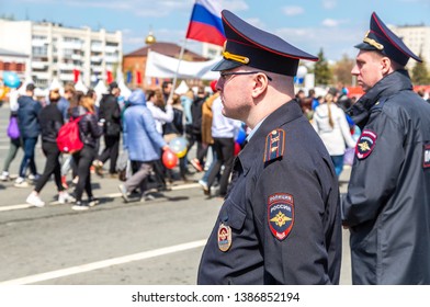 Samara, Russia - May 1, 2019: Unidentified Russian Policemans In Uniform Watching The Rule Of Law During The Demonstration On Labor Day. Text In Russian: Police