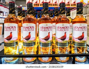 Samara, Russia - May 14, 2022: Strong Alcoholic Drink Famous Grouse Scotch Whisky On The Shelf In A Superstore. Various Bottled Strong Alcoholic Beverages