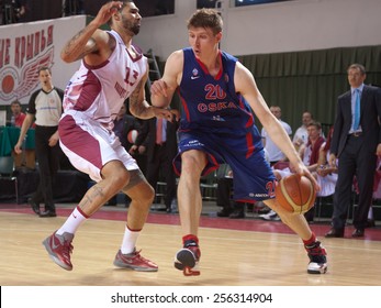 SAMARA, RUSSIA - MAY 19: Andrey Vorontsevich Of BC CSKA With Ball Tries To Go Past A BC Krasnye Krylia Player On May 19, 2013 In Samara, Russia.