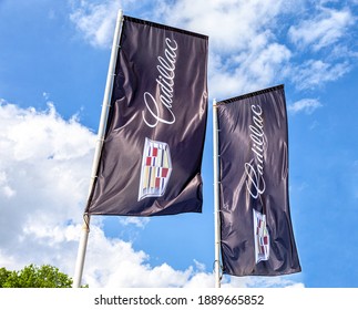 Samara, Russia - May 22, 2016: Dealership Flags Of Cadillac Against The Blue Sky. Cadillac Motor Car Division Is An American Premium Car Manufacturer