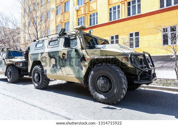 Samara, Russia - May 5, 2018:\
High-mobility vehicles GAZ-2330 Tigr is a Russian 4x4,\
multipurpose, all-terrain infantry mobility vehicle in camouflage\
colors