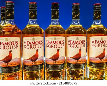 Samara, Russia - May 5, 2022: Famous Grouse Scotch Whisky On The Shelf In A Superstore. Various Bottled Strong  Alcoholic Beverages