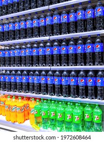 Samara, Russia - May 9, 2021: Plastic Bottles Of Pepsi Cola Ahd Other Beverages On Store Shelf