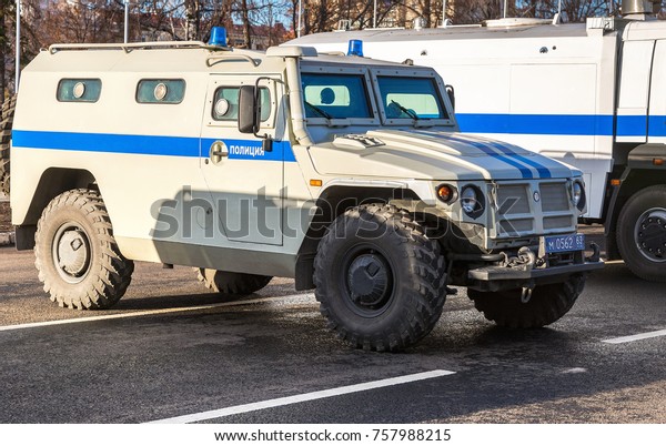 Samara, Russia - November 16, 2017: High-mobility\
vehicles GAZ-23034 Tigr is a Russian 4x4, multipurpose, all-terrain\
police mobility vehicle