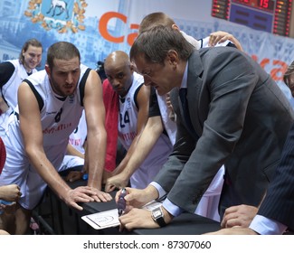 SAMARA, RUSSIA - OCTOBER 11: Coach Of BC Krasnye Krylia Bazarevich Sergey Says The Game Plan Against BC Triumph On October 11, 2010 In Samara, Russia.