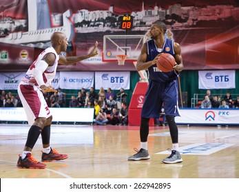 SAMARA, RUSSIA - OCTOBER 22: Cory Higgins Of BC Triumph With Ball Goes Against A BC Krasnye Krylia Player On October 22, 2013 In Samara, Russia.