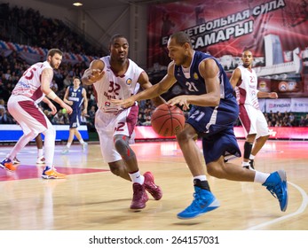 SAMARA, RUSSIA - OCTOBER 22: Jeremy Chappell Of BC Triumph With Ball Tries To Go Past A BC Krasnye Krylia Player On October 22, 2013 In Samara, Russia.