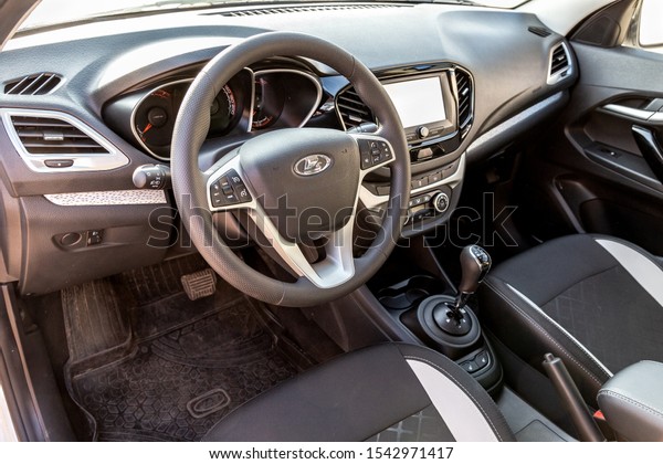 Samara, Russia - October 26, 2019: Interior design\
of Lada Vesta SW Cross car, control board, steering wheel,\
upholstery, seats