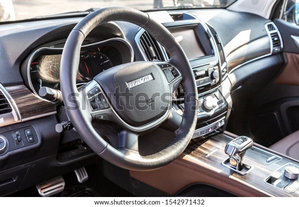 Samara, Russia -\
October 26, 2019: Interior design of Haval car, control board,\
steering wheel,\
upholstery