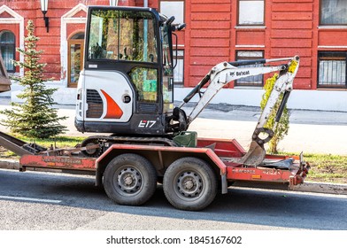 Samara, Russia - October 29, 2020: Transportation Of Small Backhoe On A Cargo Platform