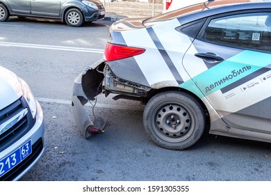 Samara, Russia - October 5, 2019: Car-sharing Car Crashed In An Accident. Damaged Car Sharing Car. 