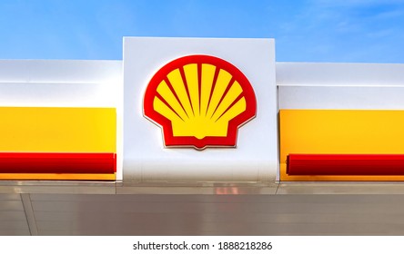 Samara, Russia - October 8, 2020: Logo of the Royal Dutch Shell oil company against the blue sky