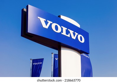 SAMARA, RUSSIA - SEPTEMBER 21, 2014: Volvo dealership sign against blue sky. Volvo is a Swedish multinational automaker company headquartered in Gothenburg, Sweden
