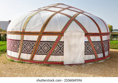 Samara, Russia - September 25, 2021: Ethnocultural complex "People's Friendship Park". Traditional Kazakh yurt. Qazaqstan yurta. Ancient dwelling of a nomad