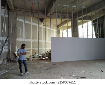 Samarinda, Indonesia - May 22, 2022 : Fitout progress, drywall instalation with metal stud frame