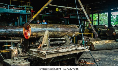 Samarinda, Kalimantan Timur, Indonesia - 05 13 2021: Log Of Timbers Being Processed As The Raw Material For Plywood Manufacture Industry