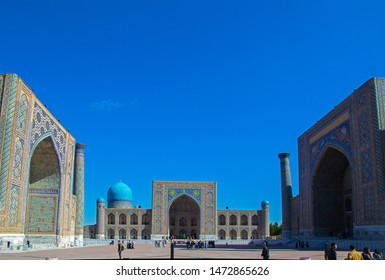 Samarkand, Uzbekistan - 2 May 2018: Registan Square, Complex Of Three Famous Madrasah. Medieval University Campus. Sunny Morning, Selective Focus