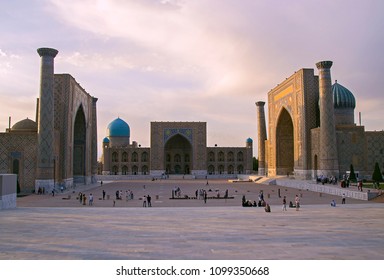 Samarkand, Uzbekistan - 30 Apr 2018: Registan Square, Complex Of Three Famous Madrasah. Medieval University Campus. Evening, Selective Focus