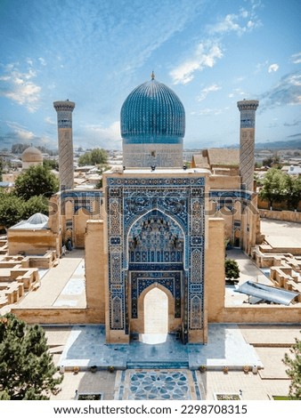 Samarkand, Uzbekistan aerial view of  Gur-e-Amir - a mausoleum of the Asian conqueror Timur. Translation on mosque: 