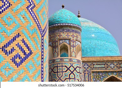 SAMARKAND, UZBEKISTAN: Architectural detail of the Madrasas at the Registan 