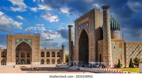 SAMARKAND, UZBEKISTAN - MAY 8, 2019: Registan, an old public square in the heart of the ancient city of Samarkand, Uzbekistan. 