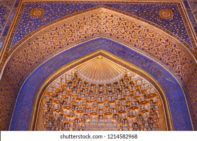 Samarkand, Uzbekistan-October 18, 2018: interior of the Tilya Kori mosque and madrasah, located in Registan square, Samarkand, Uzbekistan