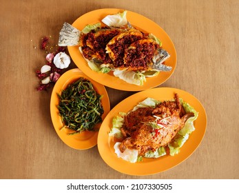 Sambal Kang Kong, Sambal Belachen Sole Fish, Chilli Crab chines food table top view