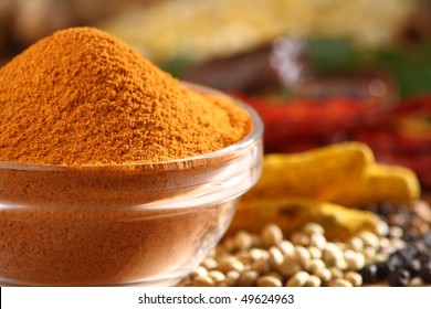 Sambar Curry Powder In A Glass Bowl Along With All Spice Ingredients