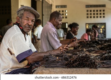 Sambava, Madagascar, Jan 14 : Malagasy workers manufacturing vanilla in a craft workshop near Sambava, Madagascar on January 14, 2017